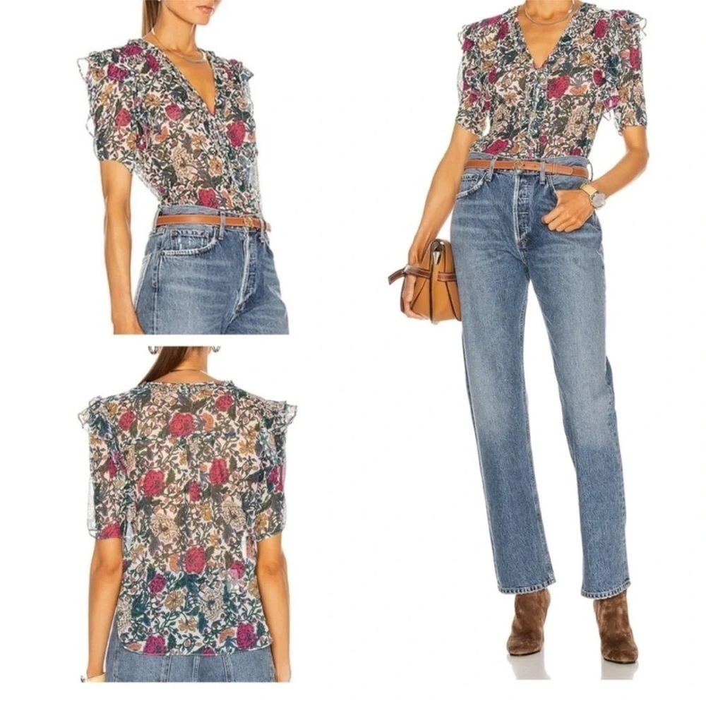 Veronica Beard Gwendoline Floral Silk Top Blouse Shirt Ruffles Button-6 - Picture 2 of 13